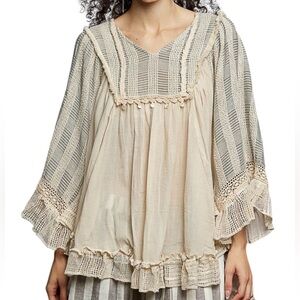 POL Bohemian Cream Lace V-Neck Trim Blouse 3/4 Dohlman Sleeve OS NWT
